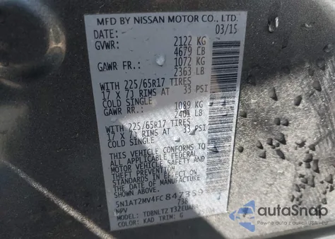 2015 Nissan Rogue Sv z USA, uszkodzony, nr VIN 5N1AT2MV4FC847359